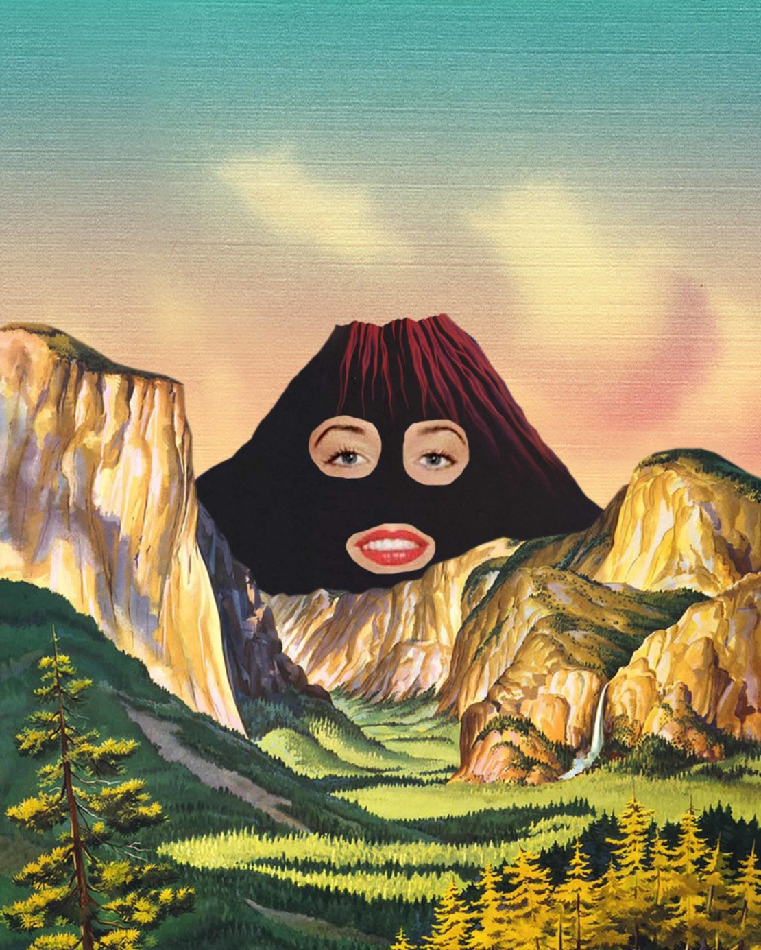 Surreal art of a mountain with a face in a landscape setting with trees and a sky blending from blue to orange.