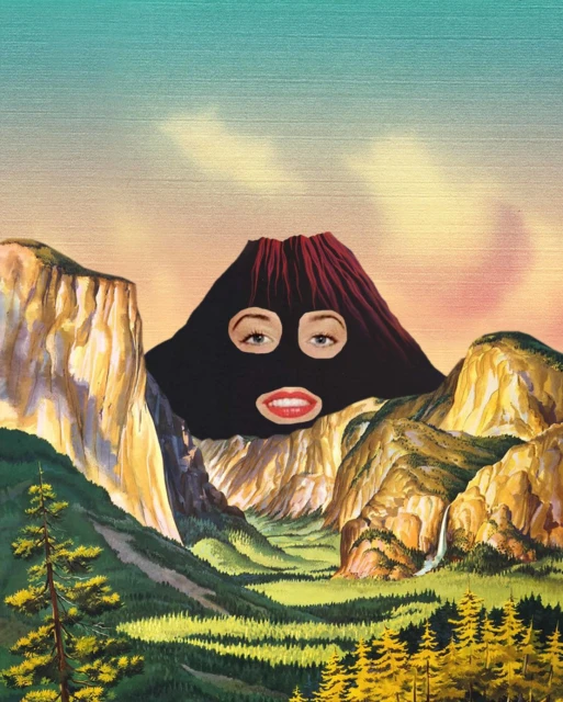 Surreal art of a mountain with a face in a landscape setting with trees and a sky blending from blue to orange.