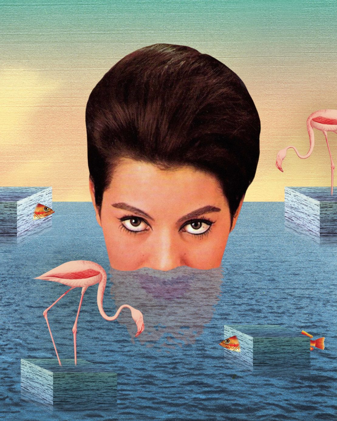 Surreal art with a woman's face emerging from water, featuring pink flamingos, cube-shaped structures, and fish swimming within the cubes.