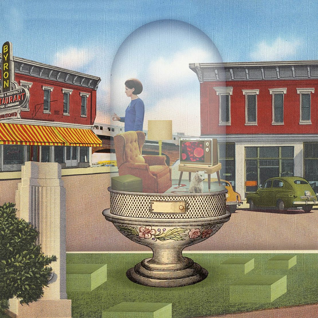 Surreal collage of a woman standing in a snow globe resting on a pedestal against a retro downtown street scene with vintage car.