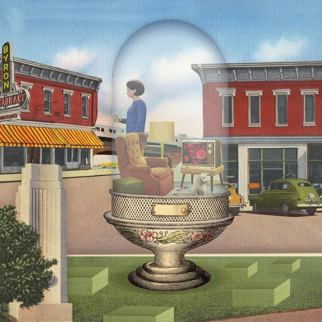 Surreal collage of a woman standing in a snow globe resting on a pedestal against a retro downtown street scene with vintage car.