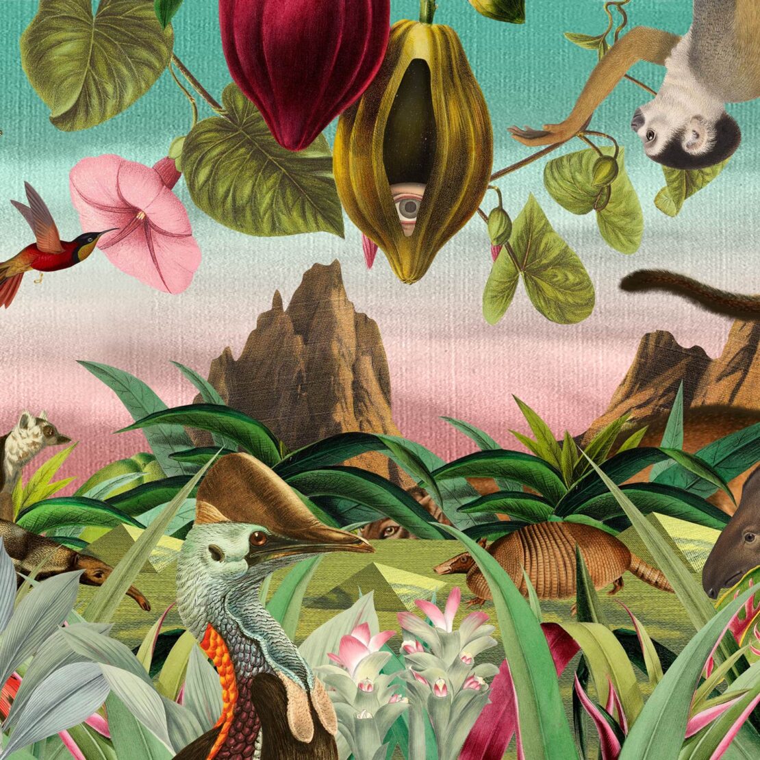 Illustration of a lush jungle with colorful birds, mammals, flowers, and plants, set against a pink sky with a mountain in the background.