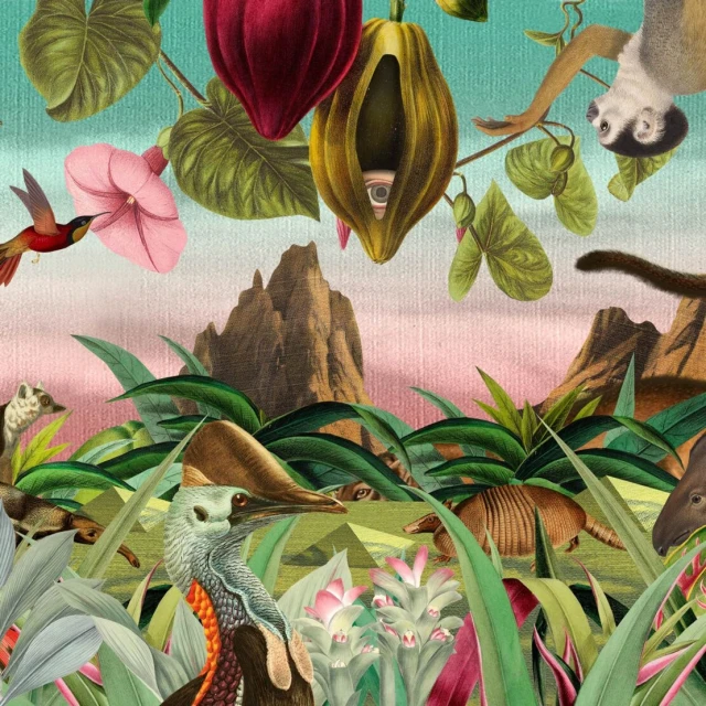 Illustration of a lush jungle with colorful birds, mammals, flowers, and plants, set against a pink sky with a mountain in the background.