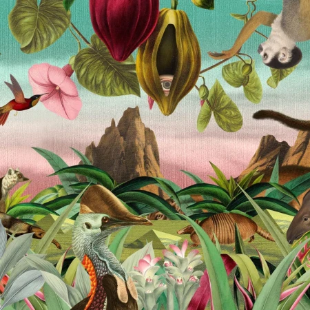 Illustration of a lush jungle with colorful birds, mammals, flowers, and plants, set against a pink sky with a mountain in the background.