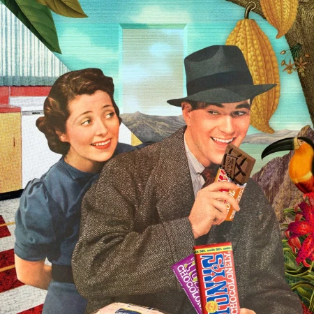 Retro-style collage of a man eating Tony's Chocolonely chocolate, with a woman, toucan, and cacao pods in a surreal kitchen-meets-jungle scene.