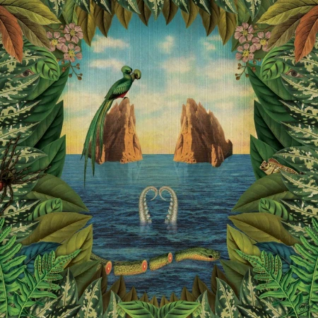 Surreal collage of a quetzal on a rock formation in water, with jungle foliage framing the scene and other animals visible.