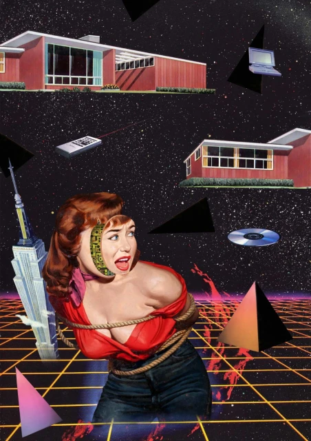 Surreal collage art featuring a red-haired woman, 1950s houses, skyscrapers, and tech symbols, against a grid and space backdrop.
