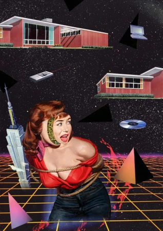Surreal collage art featuring a red-haired woman, 1950s houses, skyscrapers, and tech symbols, against a grid and space backdrop.