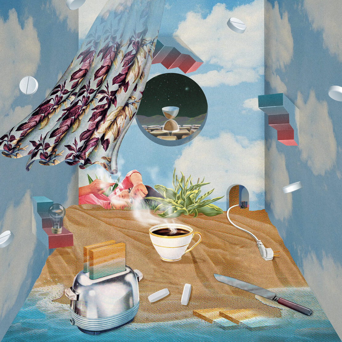 Surreal scene with a person lounging, a toaster with toast, a cup of coffee, and a beach merging into a cloud-filled sky.