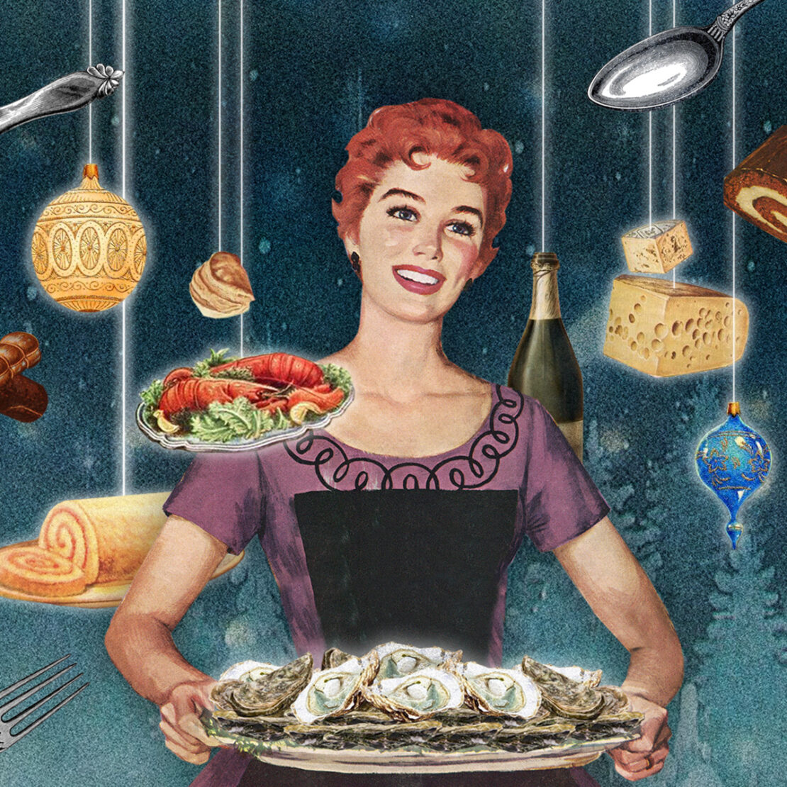 Illustration of a woman in vintage style holding oysters, with lobster, cheese, ornaments, and desserts as decorative elements.