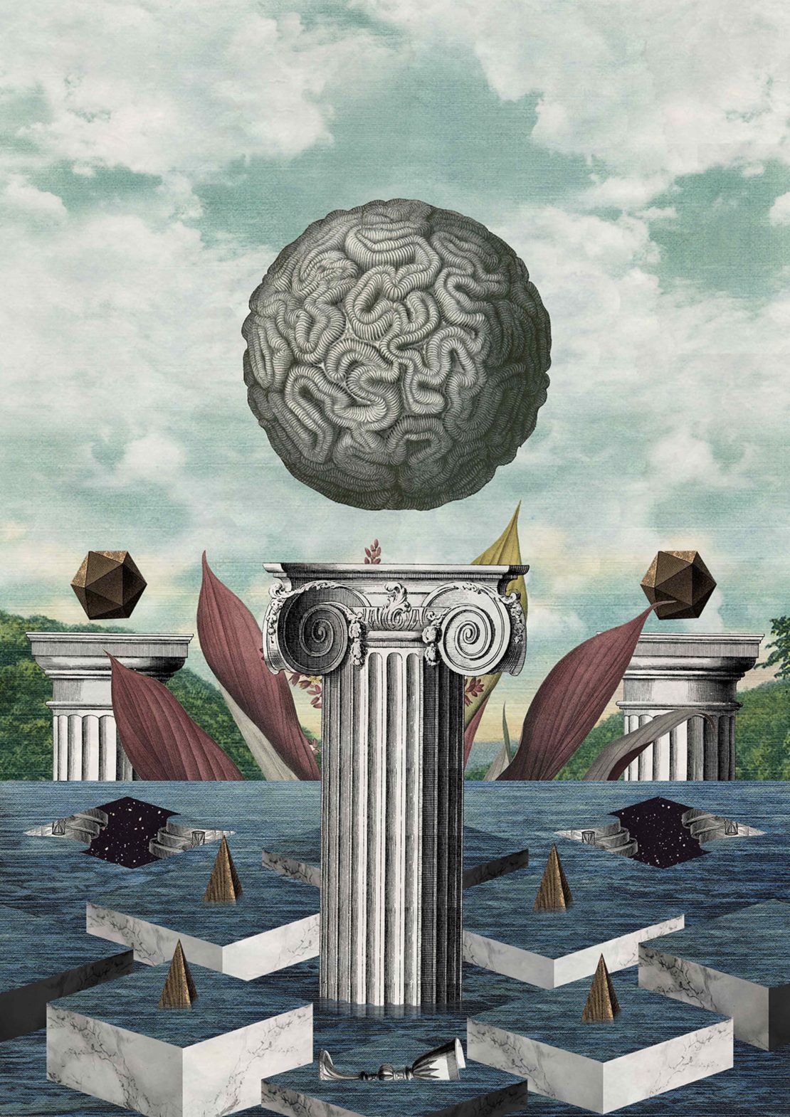 Surreal collage art featuring a human brain hovering above a Corinthian column against a cloudy sky and water landscape.