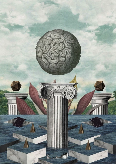 Surreal collage art featuring a human brain hovering above a Corinthian column against a cloudy sky and water landscape.