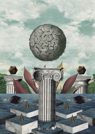 Surreal collage art featuring a human brain hovering above a Corinthian column against a cloudy sky and water landscape.