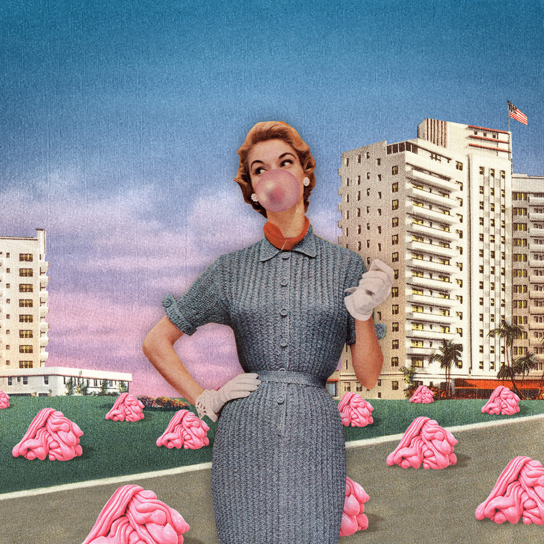 Vintage-style collage of a woman with a bubblegum bubble, wearing a dress, set against buildings and lawns filled with pink forms.