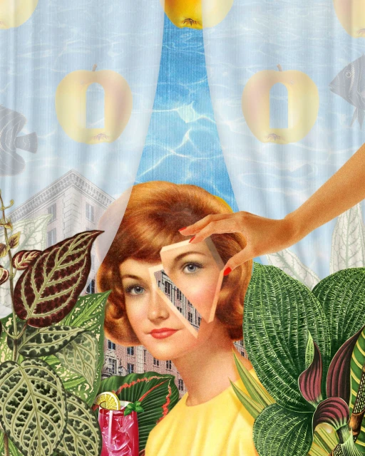 Artistic collage featuring a woman with red hair, set against a backdrop of tropical plants, buildings, swimming pool, and apples.