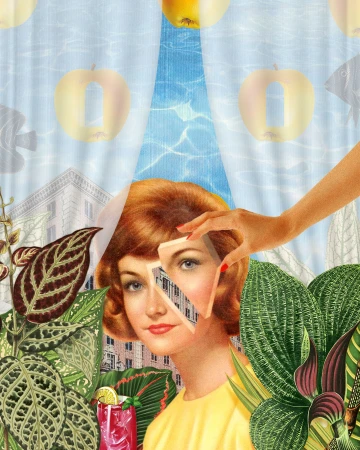 Artistic collage featuring a woman with red hair, set against a backdrop of tropical plants, buildings, swimming pool, and apples.