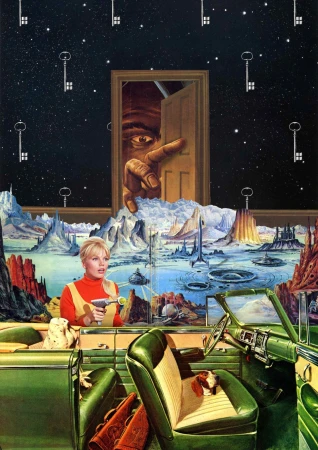 Surrealist scene of a blond woman holding a ray gun in a vintage car, with a landscape of alien structures, and a giant eye/door.