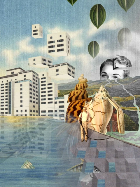 Surreal collage artwork featuring a city skyline reflected in water, juxtaposed with a woman's face, seashells, and a person with a hose.