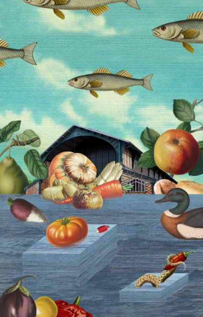 Whimsical collage art featuring fish, vegetables, fruit, a duck, and a barn against a cloudy sky backdrop, blending nature and architecture.