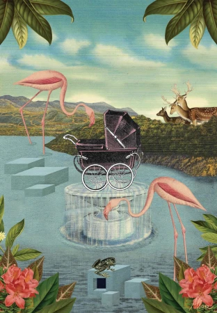 Whimsical digital collage featuring a vintage baby carriage surrounded by flamingos, a frog, and deer in a surreal landscape.