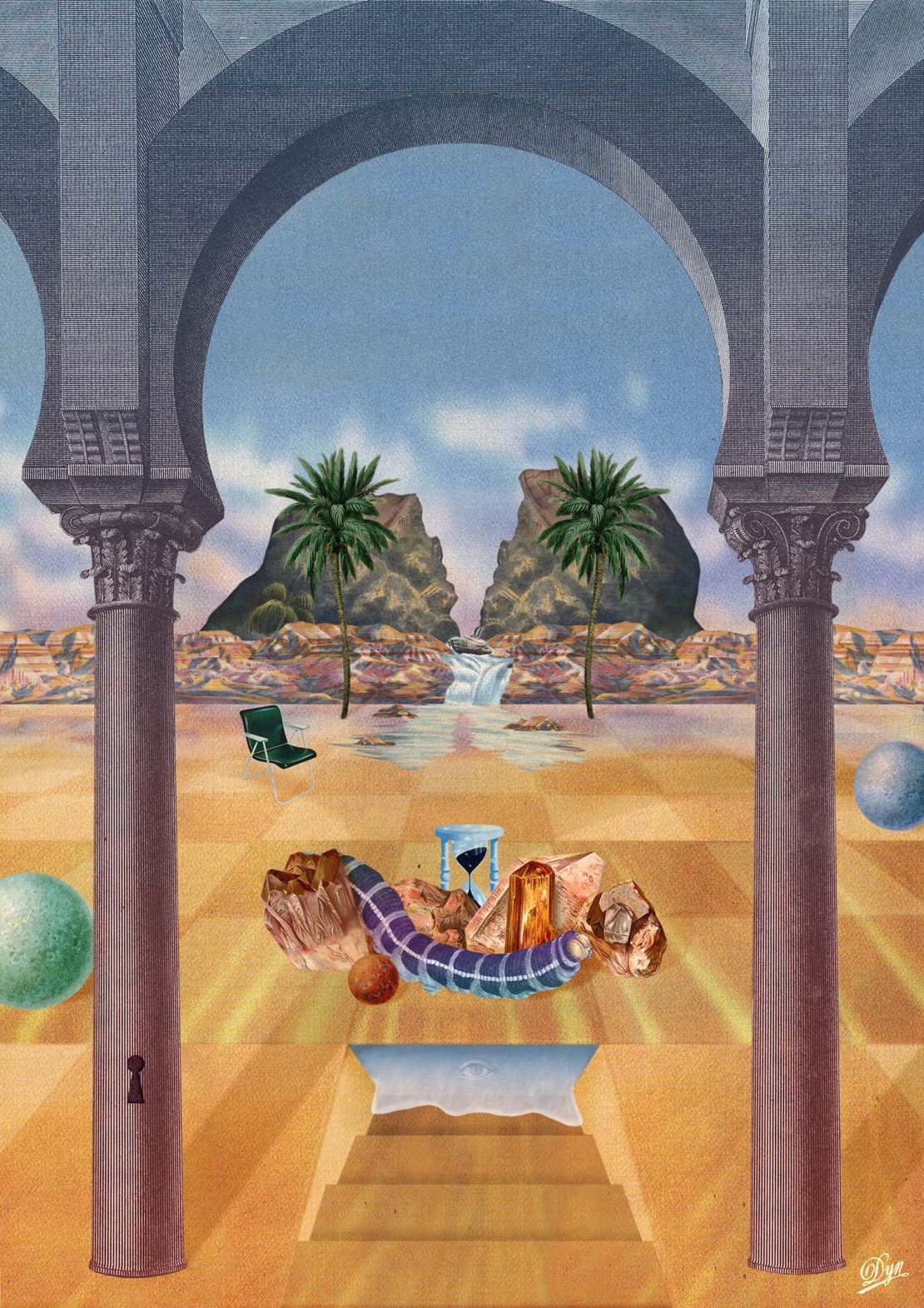 Surreal scene with architectural arches framing islands with palm trees, chair, and floating crystal composition on a checkerboard floor.