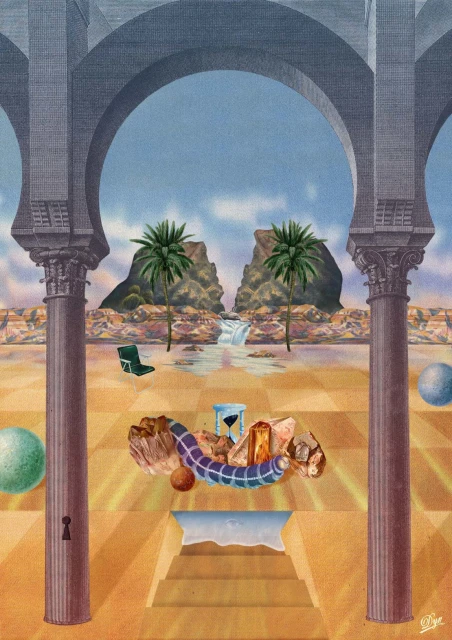 Surreal scene with architectural arches framing islands with palm trees, chair, and floating crystal composition on a checkerboard floor.