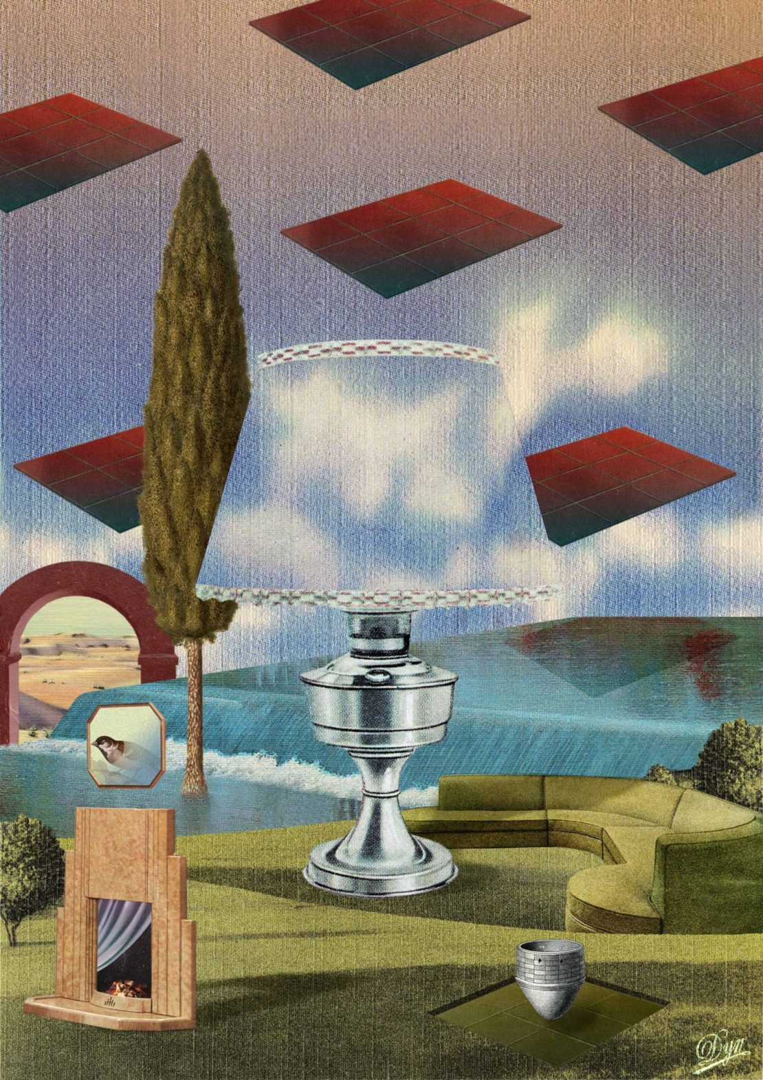 Surreal art composition featuring a silver table lamp, green couch, floating tiles, and surreal landscape elements in a grassy outdoor setting.