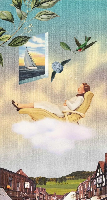 Surreal collage with a woman reclining on a chaise lounge atop a cloud, with a sailboat in the background, and other surreal elements.