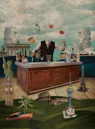 Collage art by Albane Simon featuring a headless bartender behind a bar surrounded by global landmarks and floating cocktails.