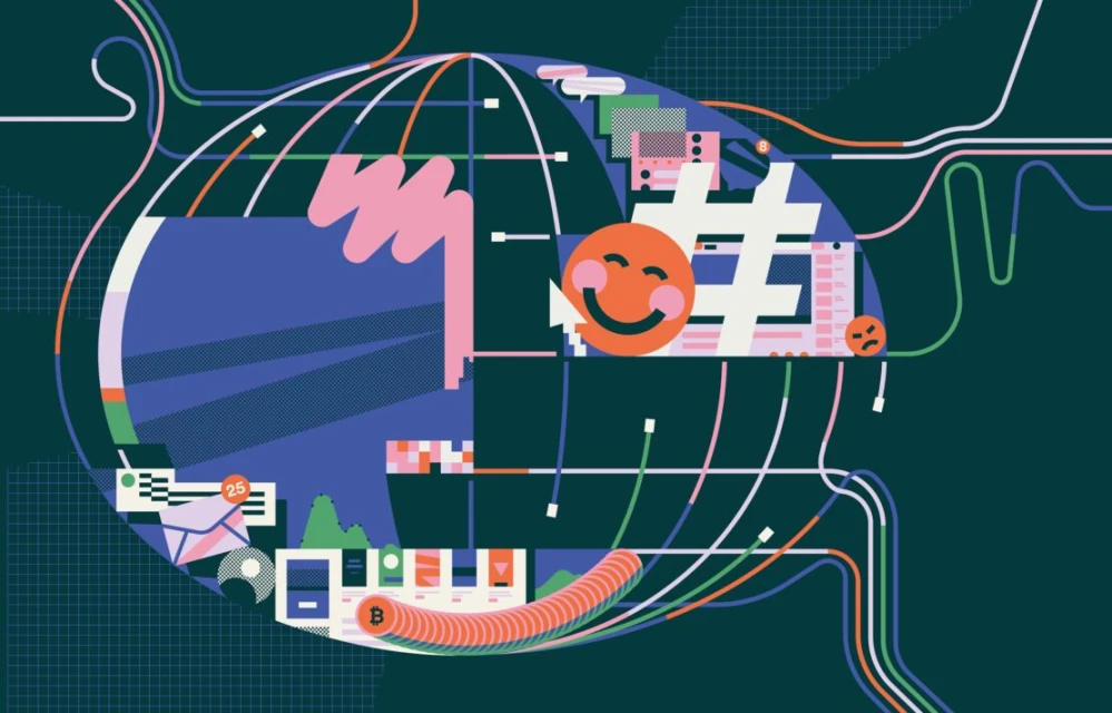 Digital illustration featuring networking icons, a bitcoin symbol, email notifications, and a happy emoji against a dark teal backdrop.