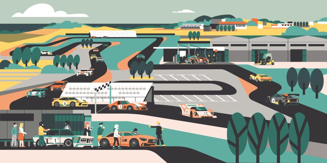 Illustration of a race track with race cars, spectators, pit stops, and landscape elements in a colorful, graphic style.