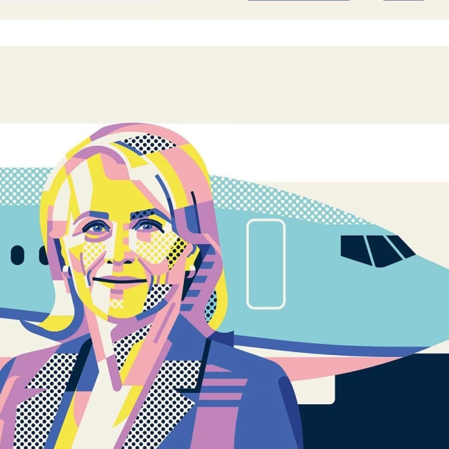 Illustration of a fair-skinned adult woman in front of an airplane with a blue, pink, and yellow color palette and pop art style.