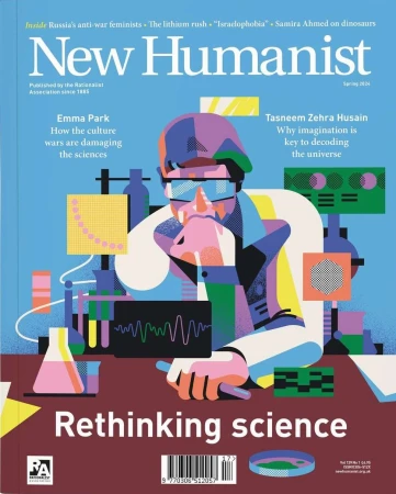 New Humanist magazine cover featuring an illustration of a scientist in a lab with beakers and test tubes, with the title 'Rethinking science'.