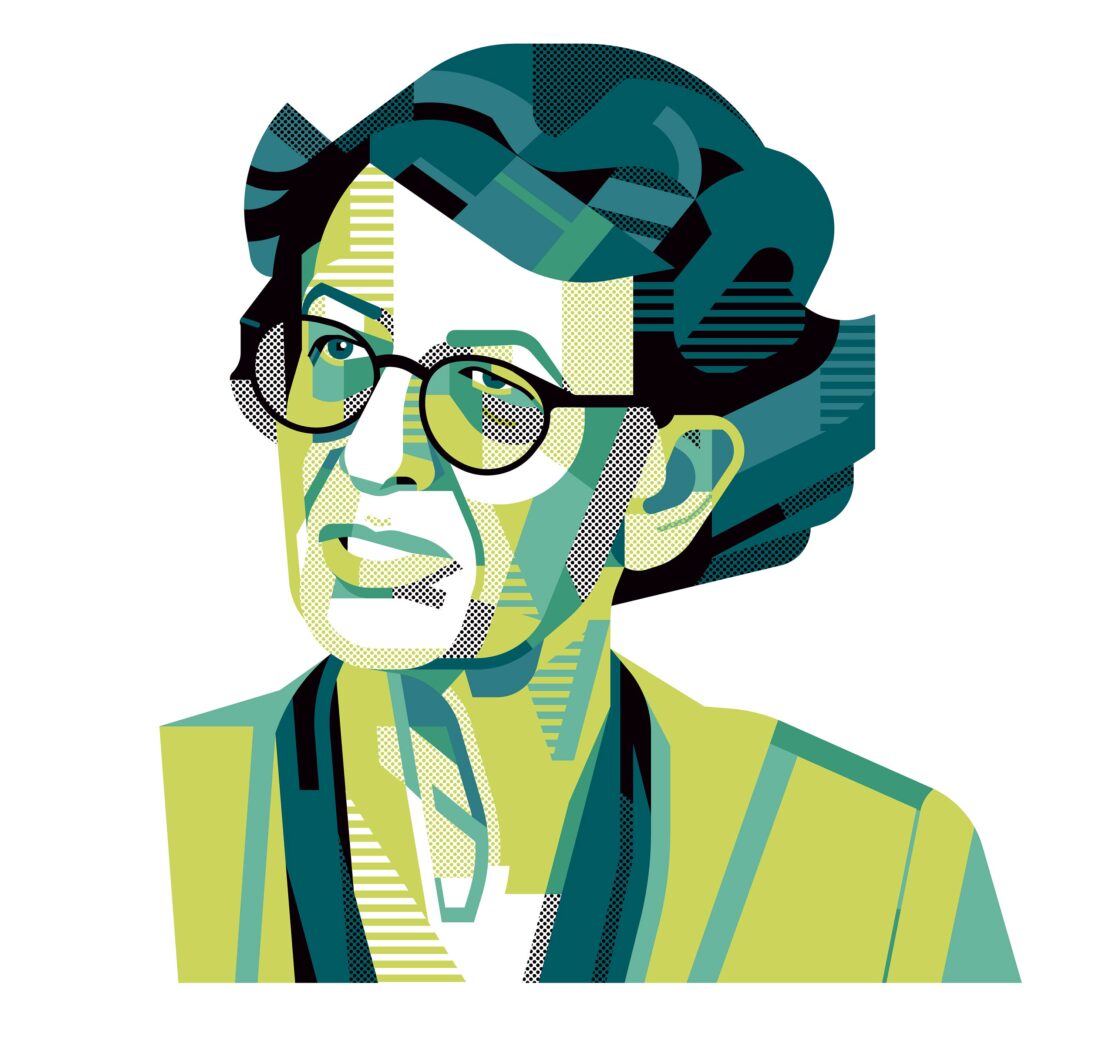 Illustration of an older adult female with short, dark hair wearing glasses, with a green and teal color scheme on a white background.