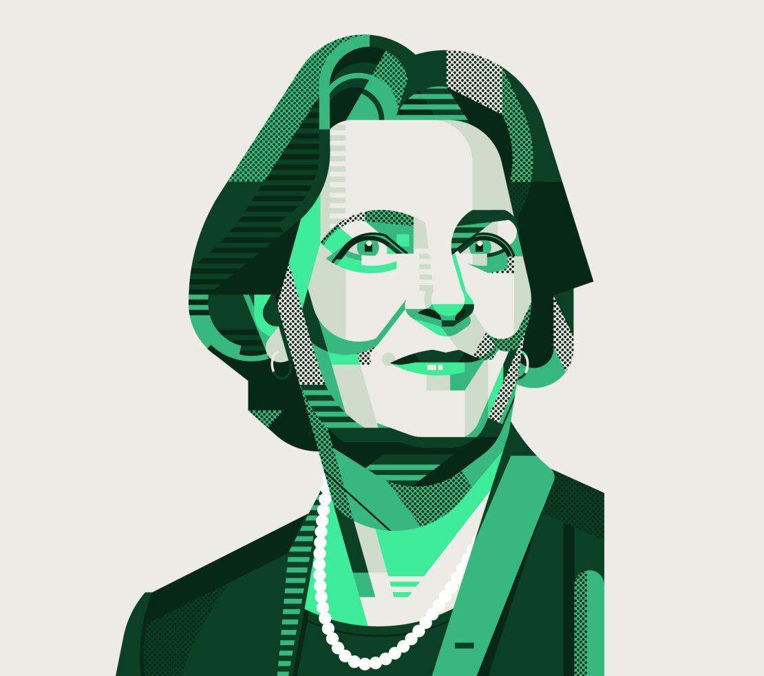 Vector portrait illustration of a woman in green tones wearing a pearl necklace by Aleksandar Savic.