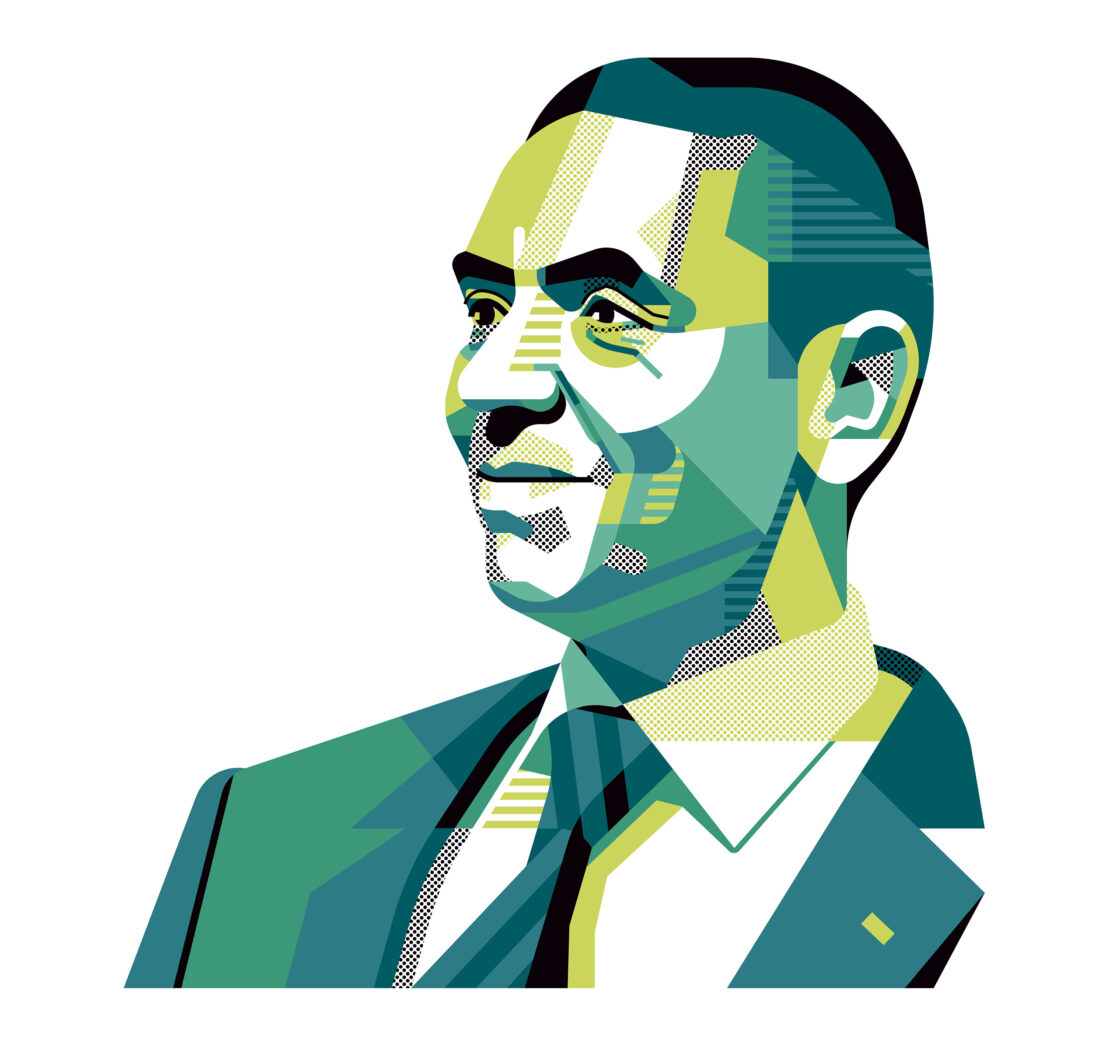Illustration of a man in a suit and tie, created with geometric shapes and a modern, stylized approach against a white background.