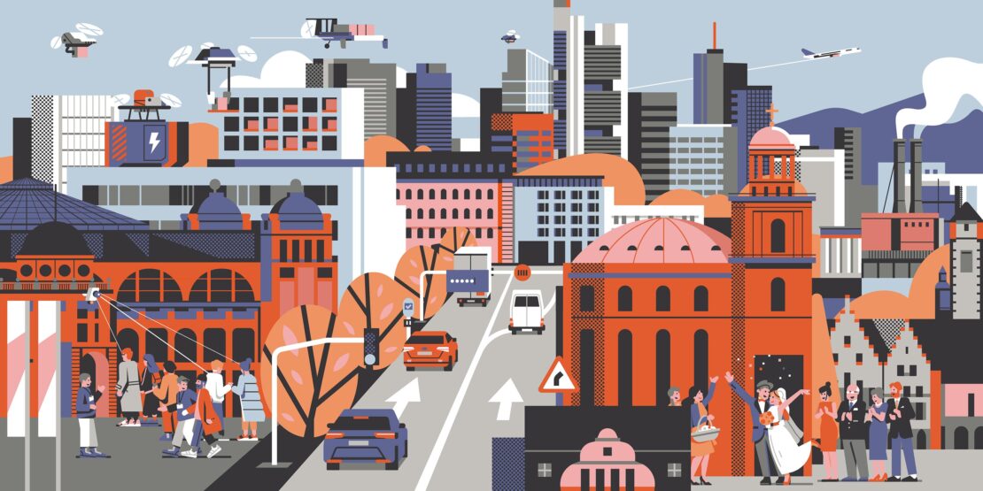 Illustrated cityscape featuring buildings, drones, cars, and a wedding, rendered in orange, blue, and gray tones in vector format.