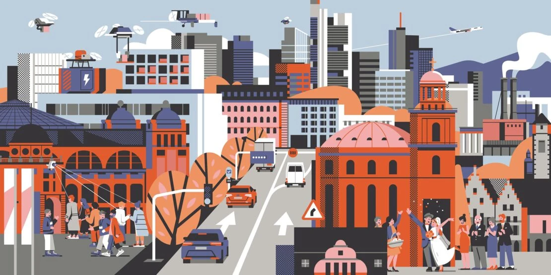 Illustrated cityscape featuring buildings, drones, cars, and a wedding, rendered in orange, blue, and gray tones in vector format.