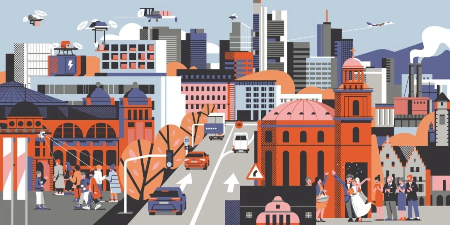 Illustrated cityscape featuring buildings, drones, cars, and a wedding, rendered in orange, blue, and gray tones in vector format.