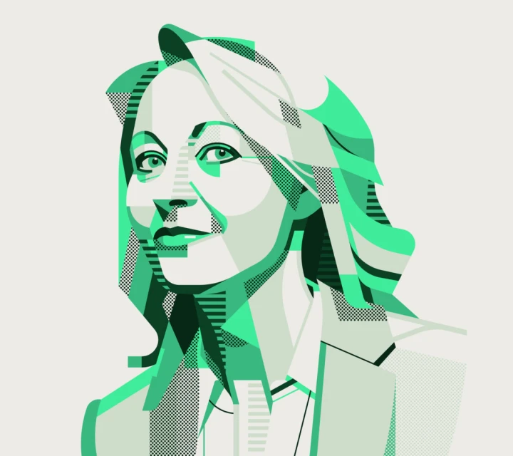 Illustration of a woman with short blonde hair, wearing a blazer on a white background, rendered in shades of mint green and white.