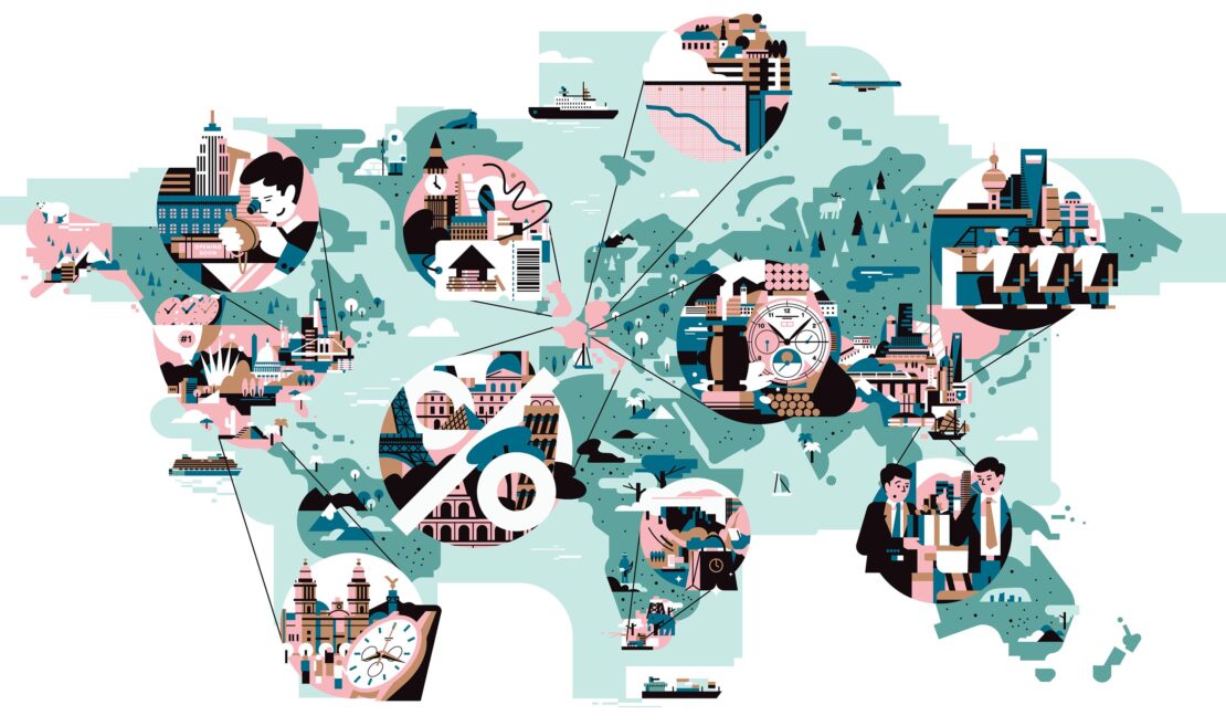 Global illustration featuring world map with landmarks, clocks, and business professionals in a stylized vector graphic.