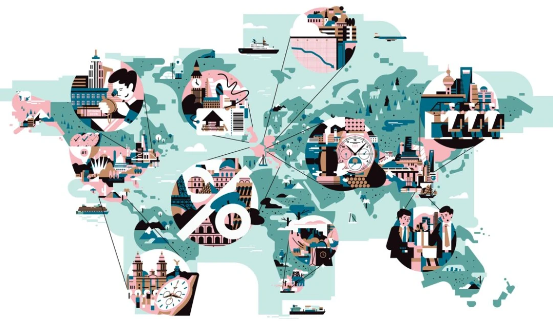Global illustration featuring world map with landmarks, clocks, and business professionals in a stylized vector graphic.