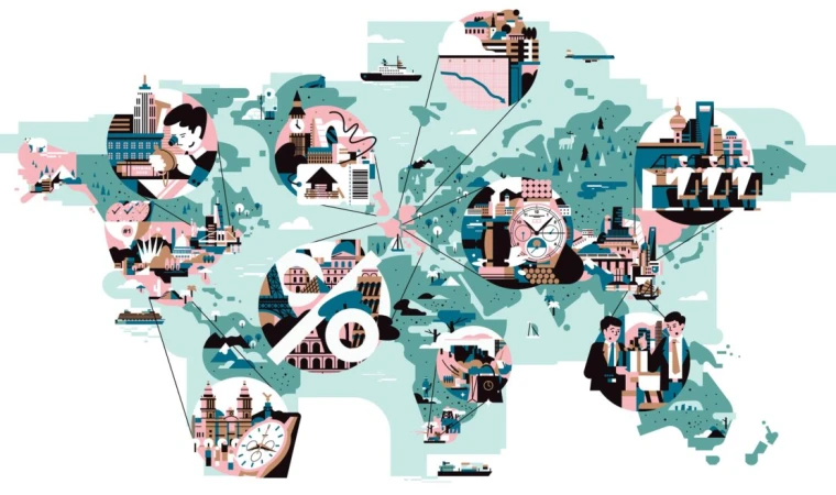 Global illustration featuring world map with landmarks, clocks, and business professionals in a stylized vector graphic.