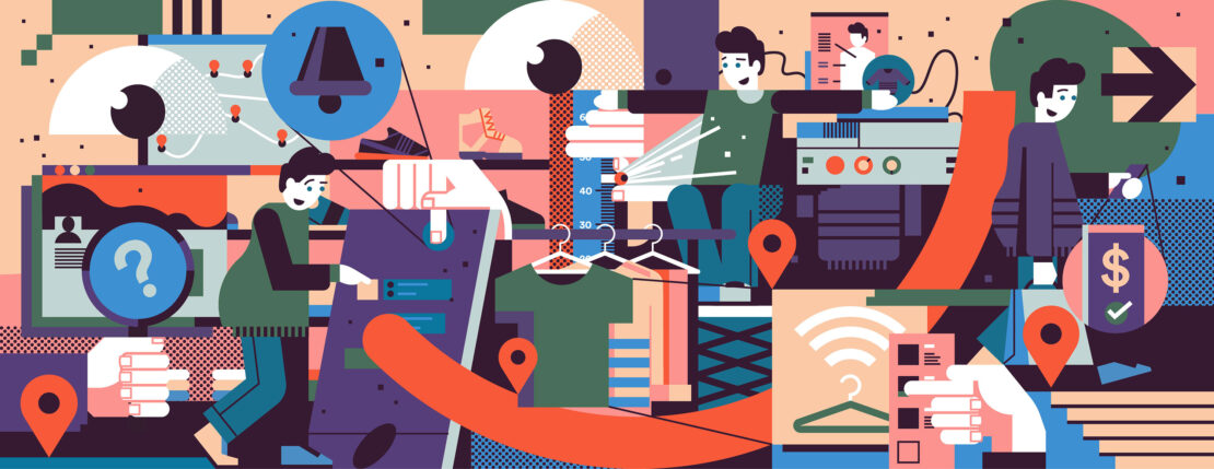 Abstract illustration featuring people interacting with user interfaces, shopping for clothes, and managing finances with a graphical interface.