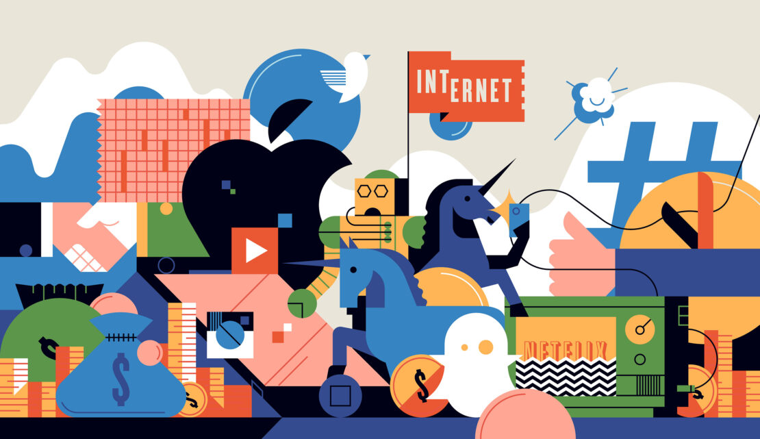 Digital illustration of internet and social media concepts: money, deals, Apple, YouTube, unicorns, Netflix, thumbs up, and other icons.