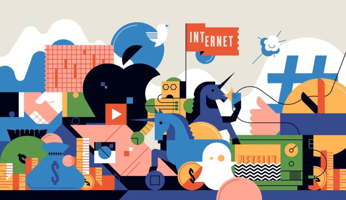 Digital illustration of internet and social media concepts: money, deals, Apple, YouTube, unicorns, Netflix, thumbs up, and other icons.