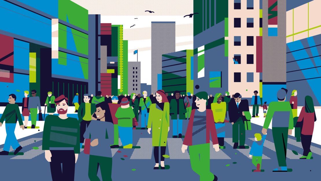 Illustration of a crowd of diverse people walking across a city street lined with tall geometric buildings.