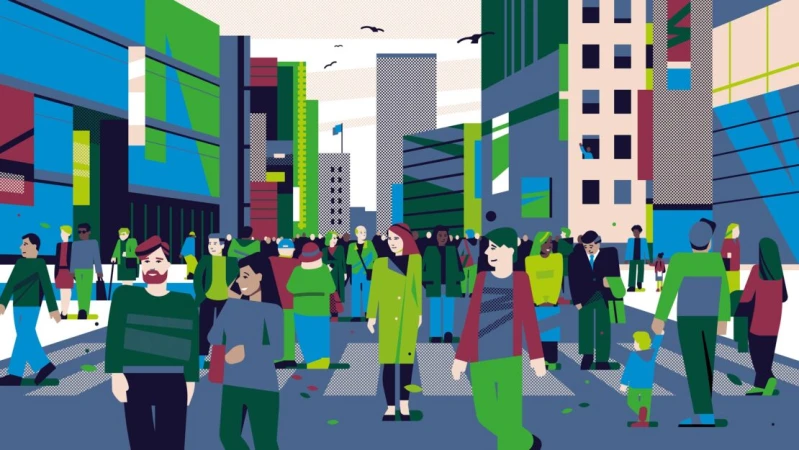 Illustration of a crowd of diverse people walking across a city street lined with tall geometric buildings.