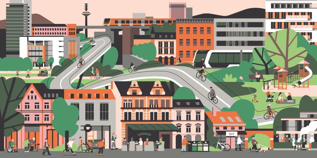 Illustrated cityscape scene with people enjoying various activities such as cycling, walking, and relaxing in a park-like setting. Buildings, roads, and public transport.
