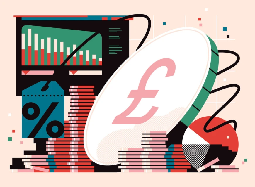 Illustration of British pound coin, stock market graph, and percentage sign. A visual representation of finance and investment.